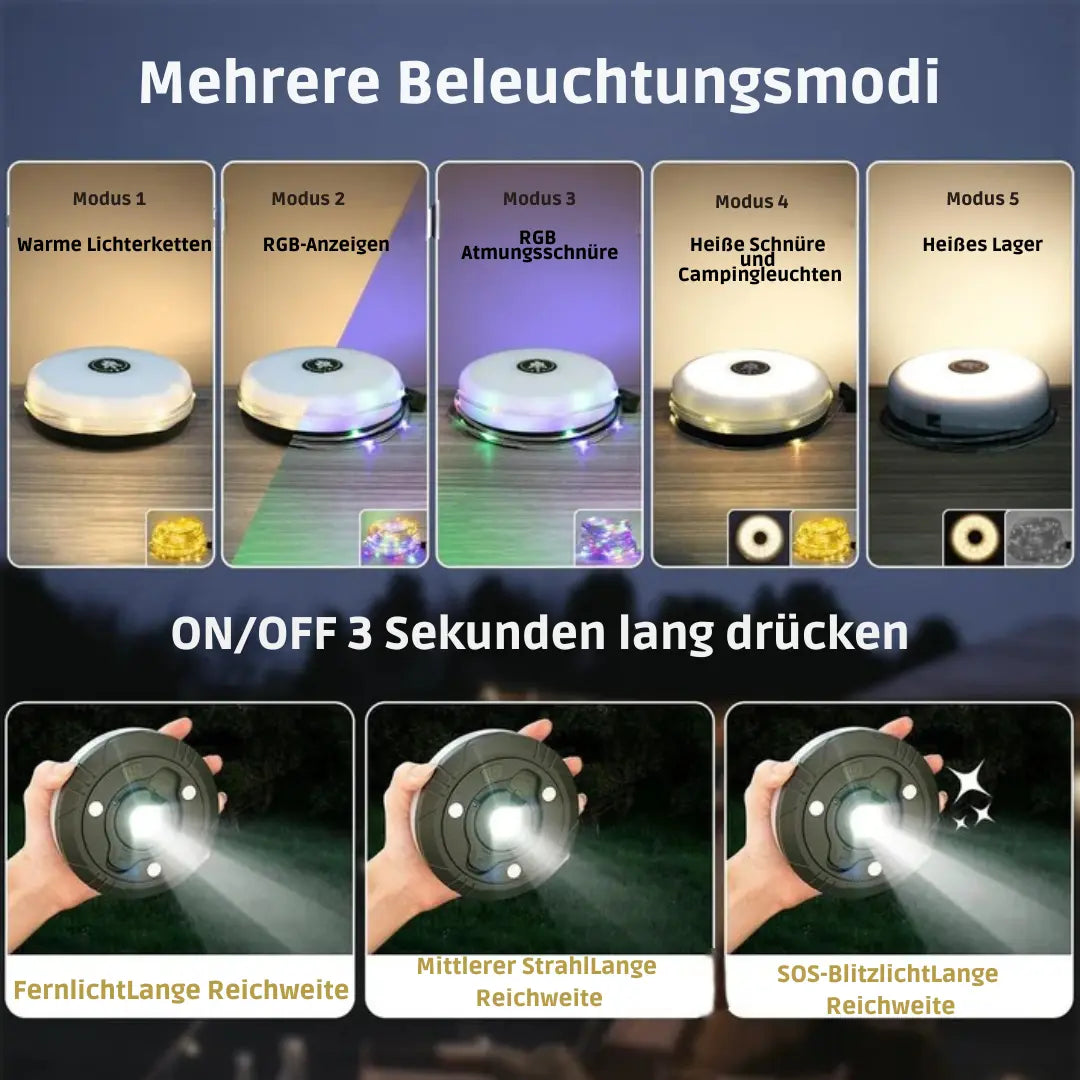 LumoMax™ | 4-in-1 Multifunktions-Campinglicht – Licht, Strom & Komfort