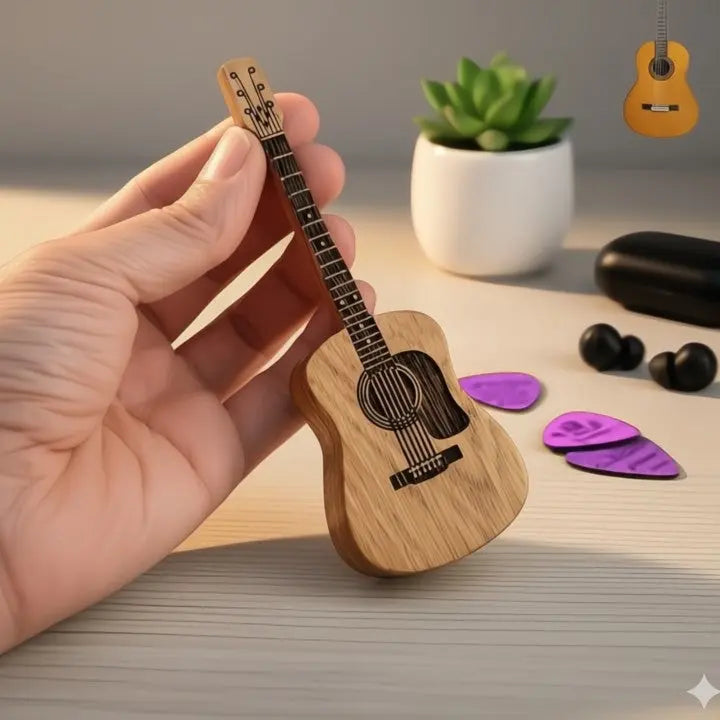 StrumCase™ | Elegante Holzbox für Gitarren-Plektren mit Ständer