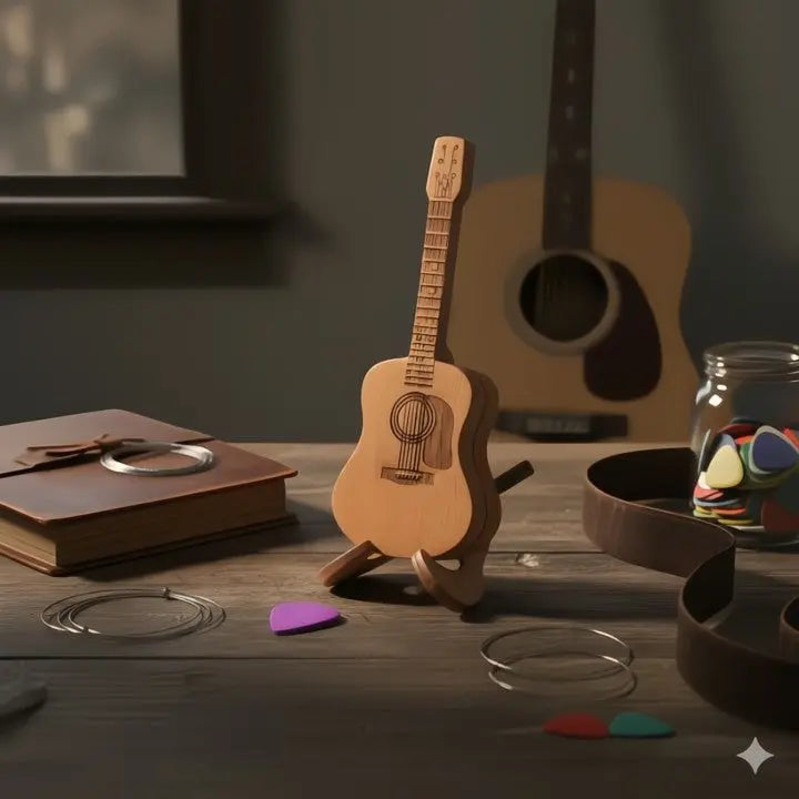 StrumCase™ | Elegante Holzbox für Gitarren-Plektren mit Ständer
