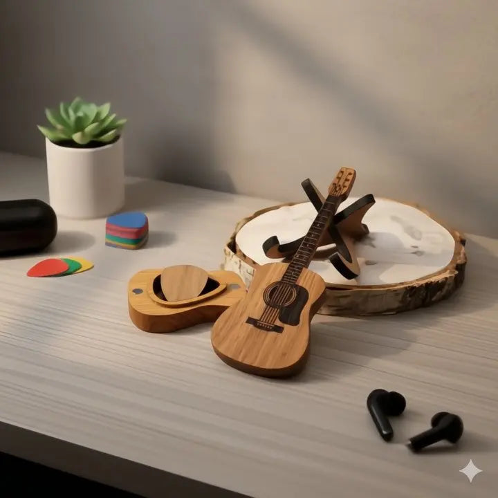 StrumCase™ | Elegante Holzbox für Gitarren-Plektren mit Ständer
