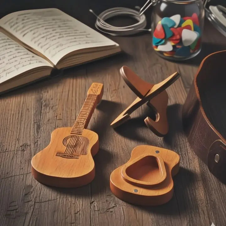 StrumCase™ | Elegante Holzbox für Gitarren-Plektren mit Ständer