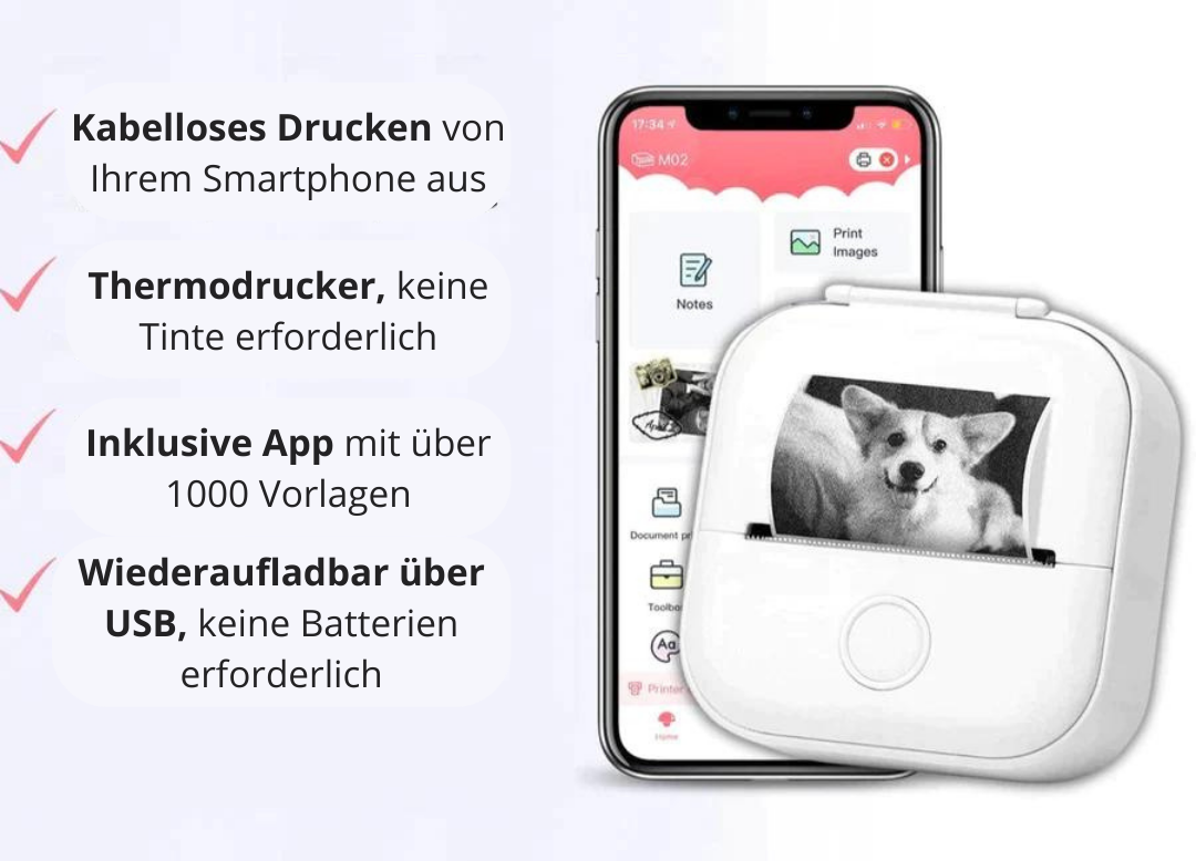 50% RABATT | Mini-Drucker™ | Kostenloses Druckpapier - Der Drucker, der nie Tinte braucht!