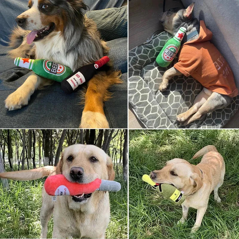 Lustiges Plüsch-Hundespielzeug – Bierflasche-Form mit Quietschfunktion für Hunde | Interaktives Kauspielzeug für kleine und große Hunde