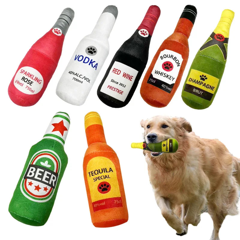 Lustiges Plüsch-Hundespielzeug – Bierflasche-Form mit Quietschfunktion für Hunde | Interaktives Kauspielzeug für kleine und große Hunde