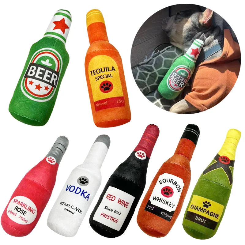 Lustiges Plüsch-Hundespielzeug – Bierflasche-Form mit Quietschfunktion für Hunde | Interaktives Kauspielzeug für kleine und große Hunde