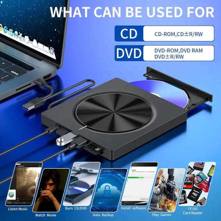 DataVault™ | Tragbarer CD/DVD Brenner — Nostalgisches Brennen von CDs & DVDs jederzeit
